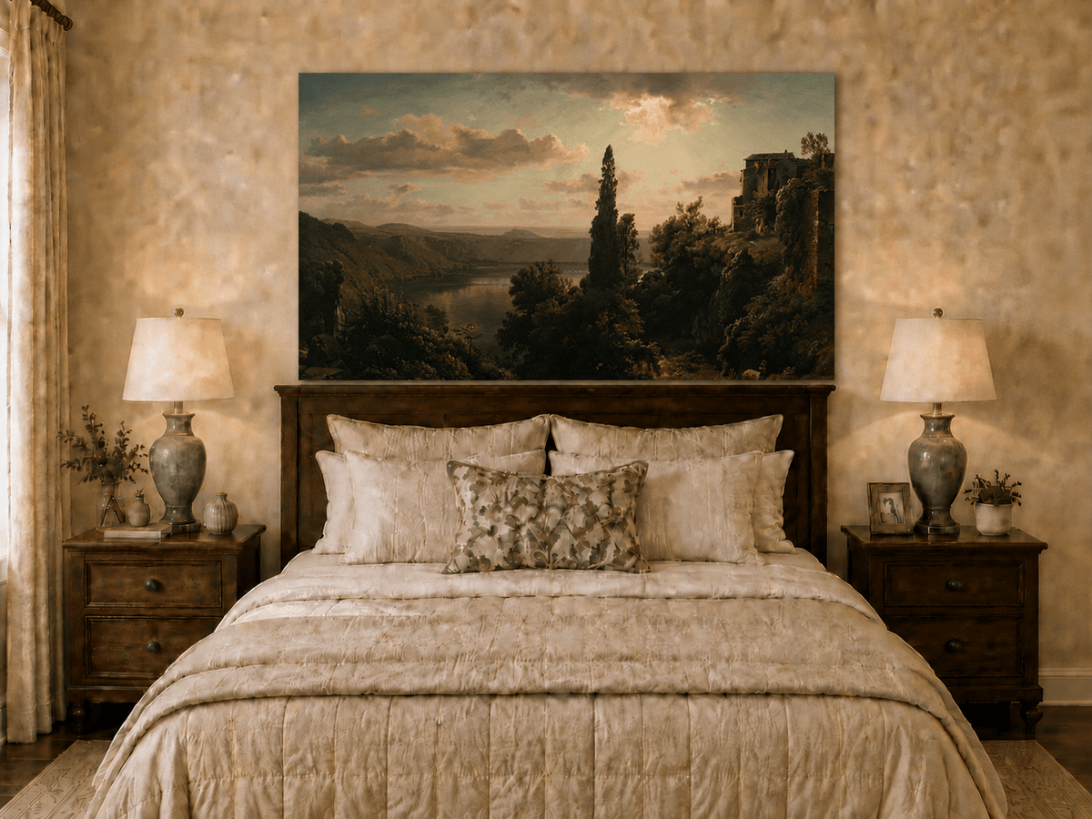 Landscape Oil Painting - Sunlit Lake, Cypress and Hillside Villa