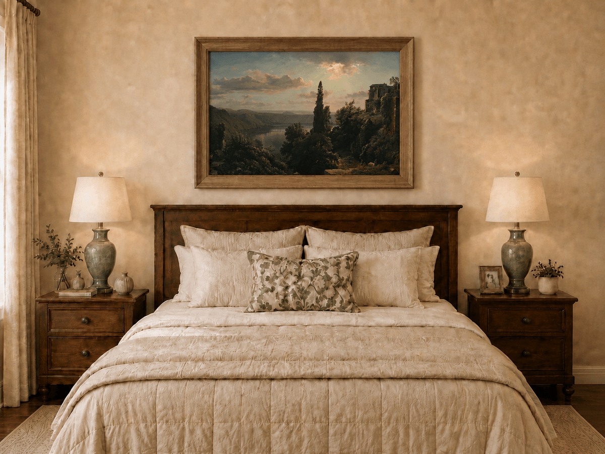 Landscape Oil Painting - Sunlit Lake, Cypress and Hillside Villa