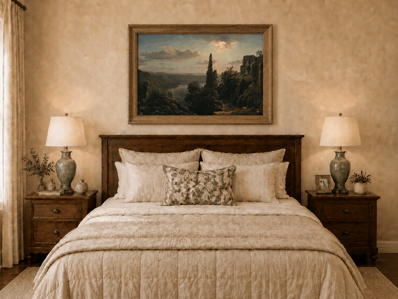 Landscape Oil Painting - Sunlit Lake, Cypress and Hillside Villa