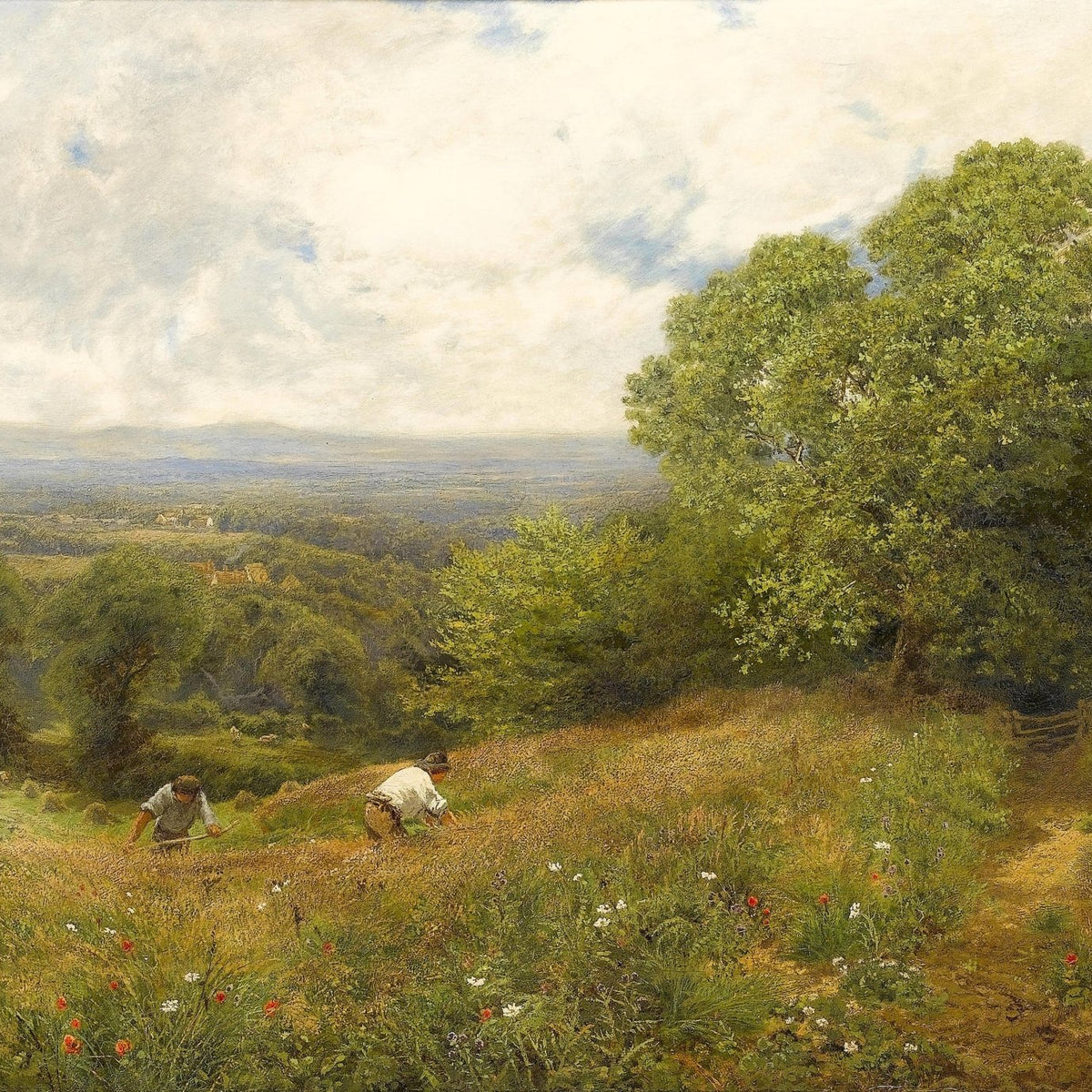 Landscape Oil Painting - Sunlit Meadow Harvest with Country View - Oil Painting Haven