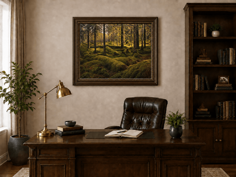 Landscape Oil Painting - Sunlit Mossy Forest Interior