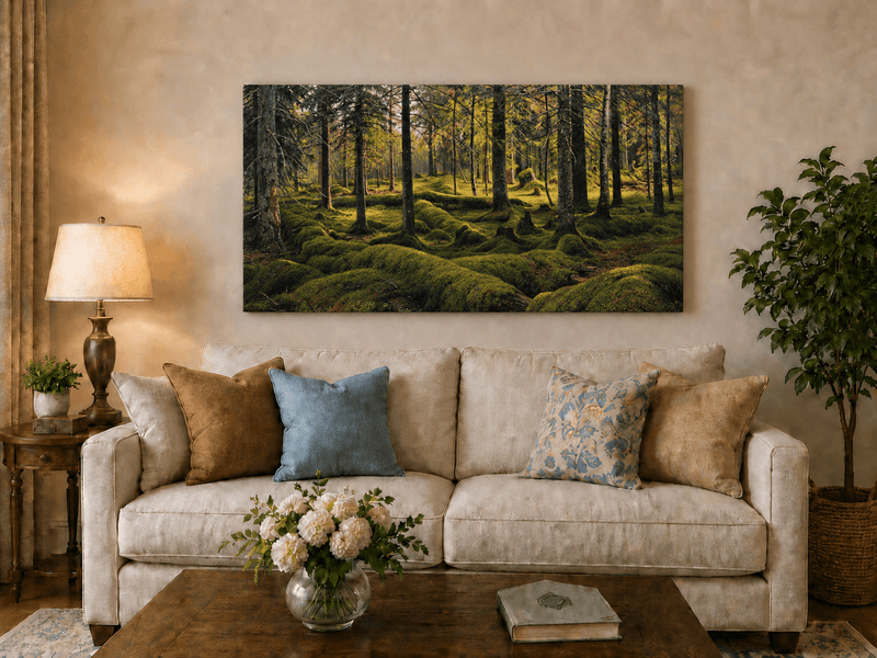 Landscape Oil Painting - Sunlit Mossy Forest Interior