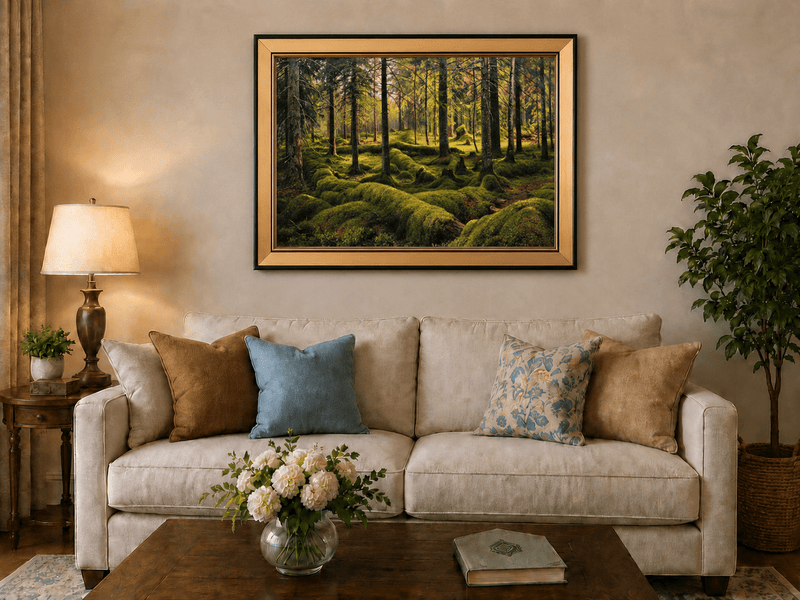 Landscape Oil Painting - Sunlit Mossy Forest Interior