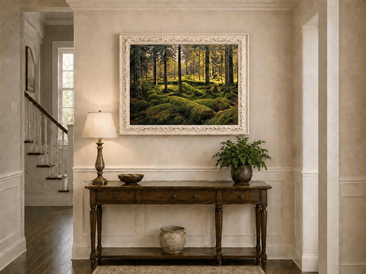 Landscape Oil Painting - Sunlit Mossy Forest Interior
