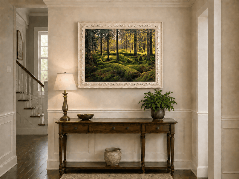 Landscape Oil Painting - Sunlit Mossy Forest Interior