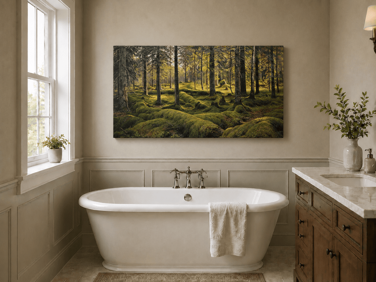 Landscape Oil Painting - Sunlit Mossy Forest Interior