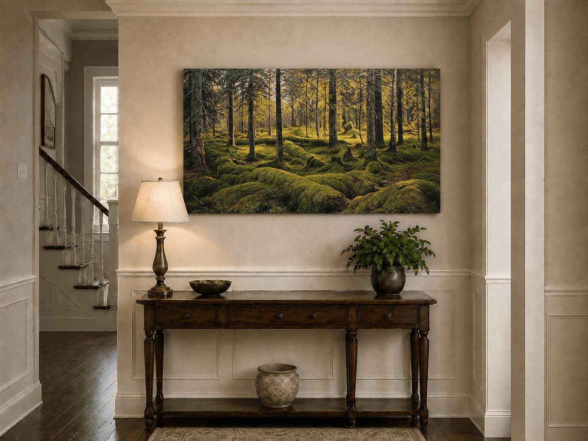 Landscape Oil Painting - Sunlit Mossy Forest Interior