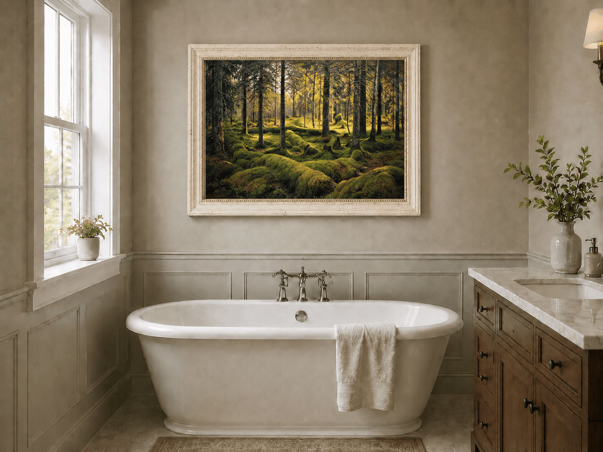 Landscape Oil Painting - Sunlit Mossy Forest Interior