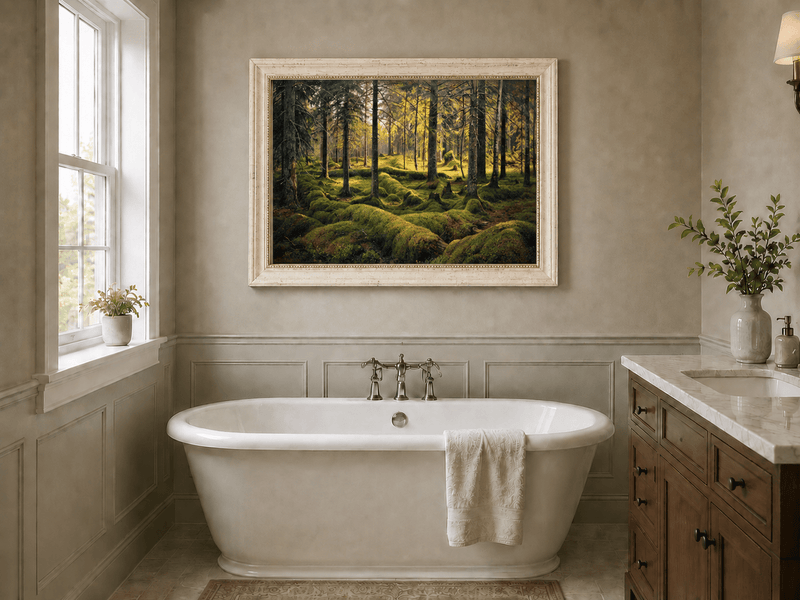 Landscape Oil Painting - Sunlit Mossy Forest Interior