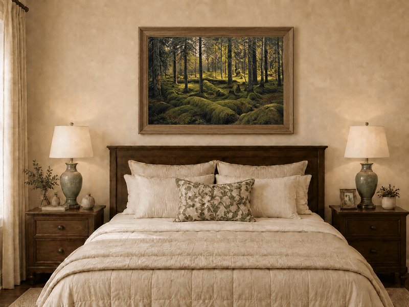 Landscape Oil Painting - Sunlit Mossy Forest Interior