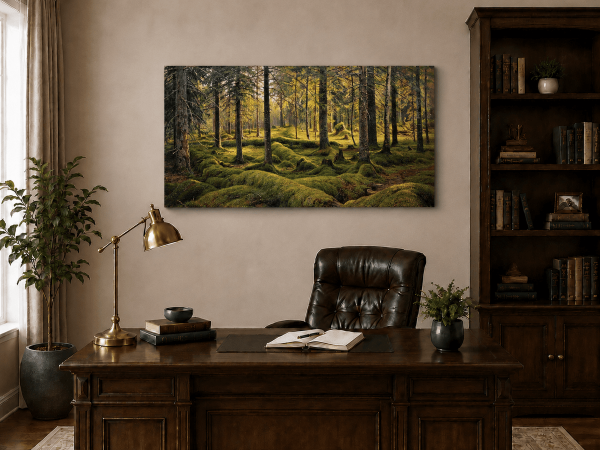 Landscape Oil Painting - Sunlit Mossy Forest Interior