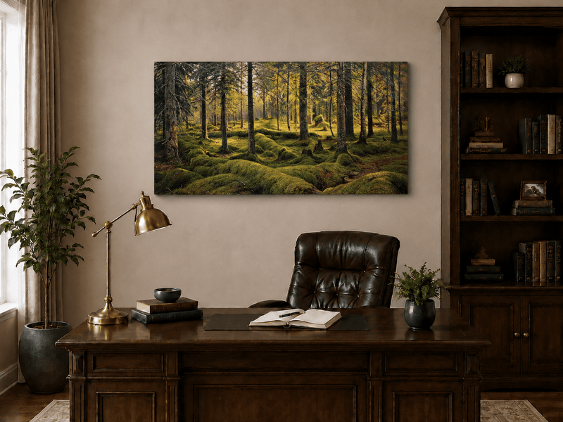 Landscape Oil Painting - Sunlit Mossy Forest Interior