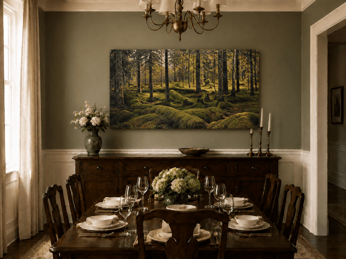Landscape Oil Painting - Sunlit Mossy Forest Interior