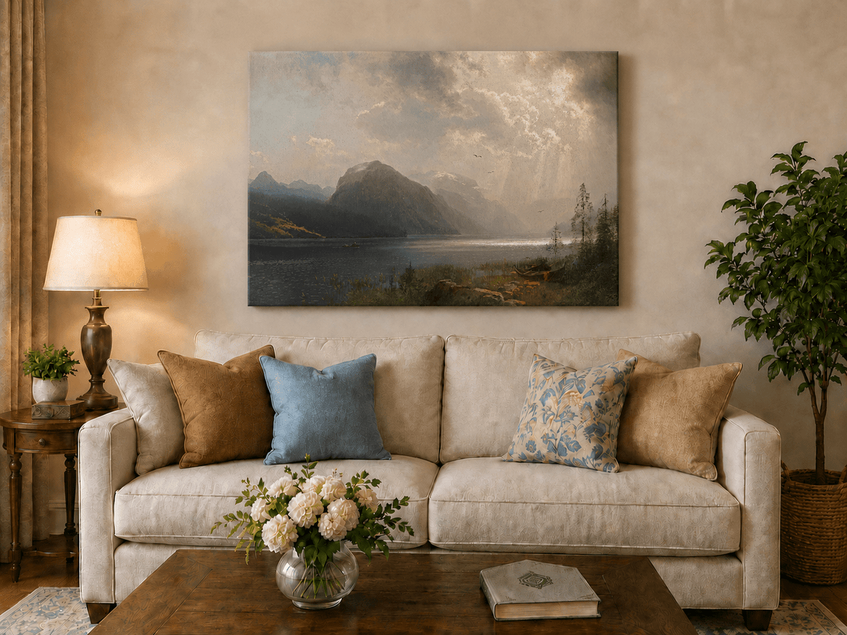 Pintura al óleo de paisaje: lago de montaña iluminado por el sol bajo nubes de tormenta