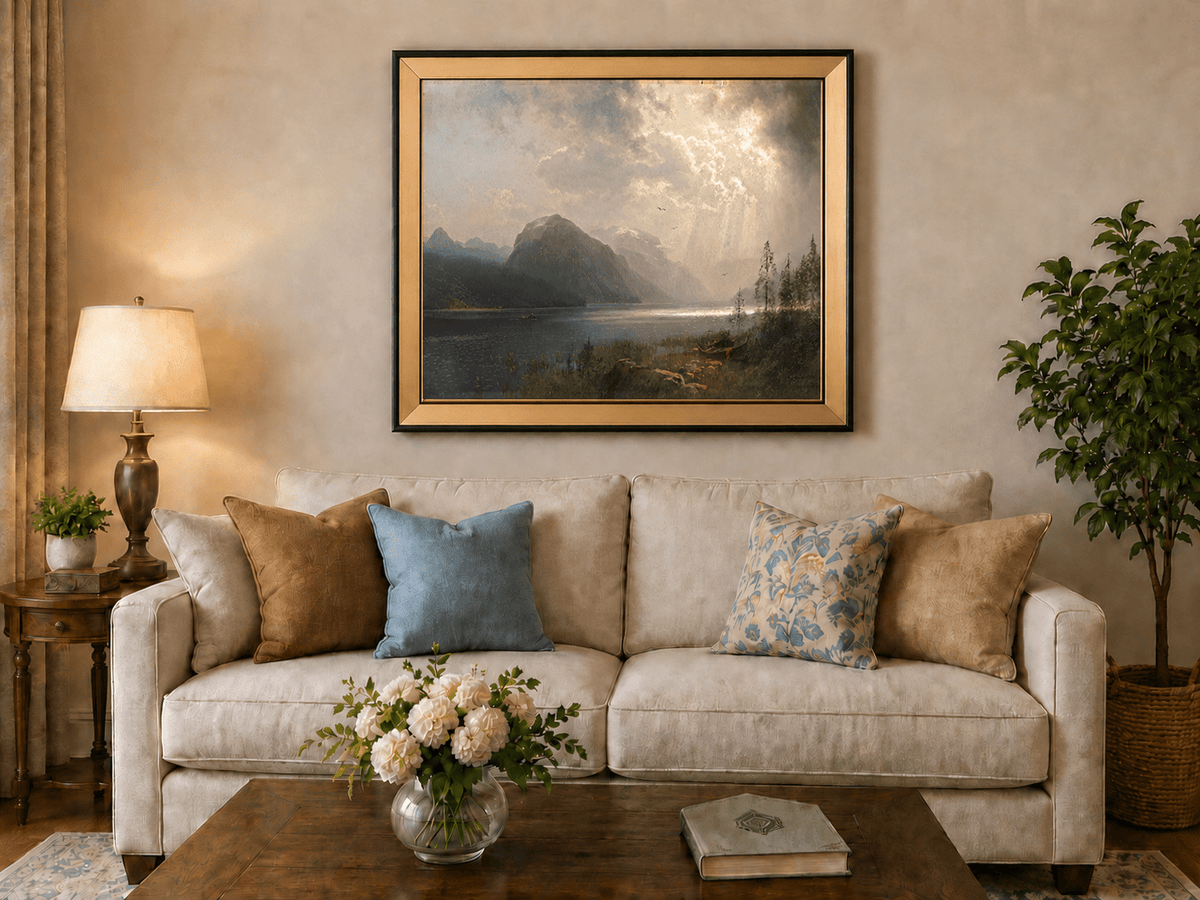 Pintura al óleo de paisaje: lago de montaña iluminado por el sol bajo nubes de tormenta