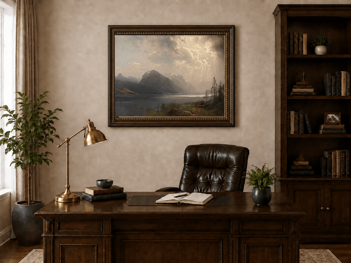 Pintura al óleo de paisaje: lago de montaña iluminado por el sol bajo nubes de tormenta