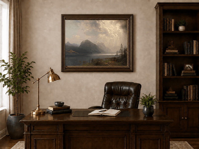 Pintura al óleo de paisaje: lago de montaña iluminado por el sol bajo nubes de tormenta