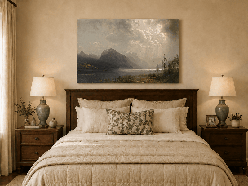 Pintura al óleo de paisaje: lago de montaña iluminado por el sol bajo nubes de tormenta