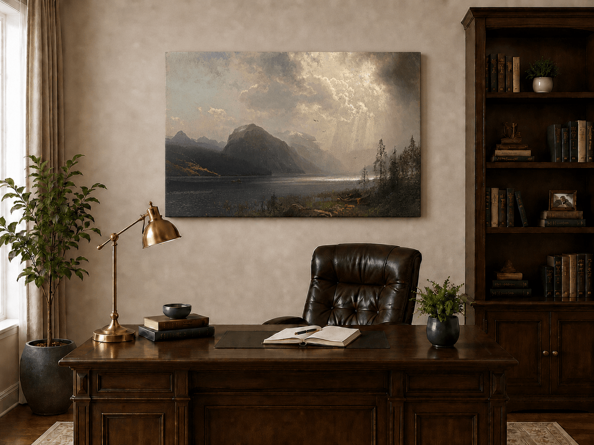 Pintura al óleo de paisaje: lago de montaña iluminado por el sol bajo nubes de tormenta
