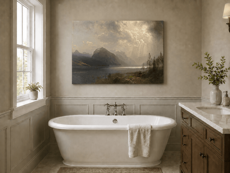 Pintura al óleo de paisaje: lago de montaña iluminado por el sol bajo nubes de tormenta