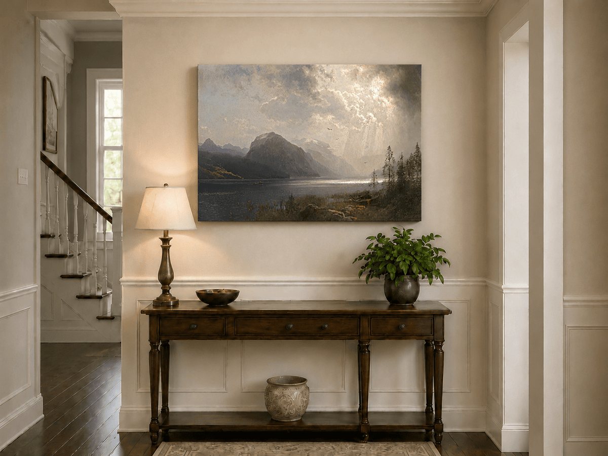 Pintura al óleo de paisaje: lago de montaña iluminado por el sol bajo nubes de tormenta