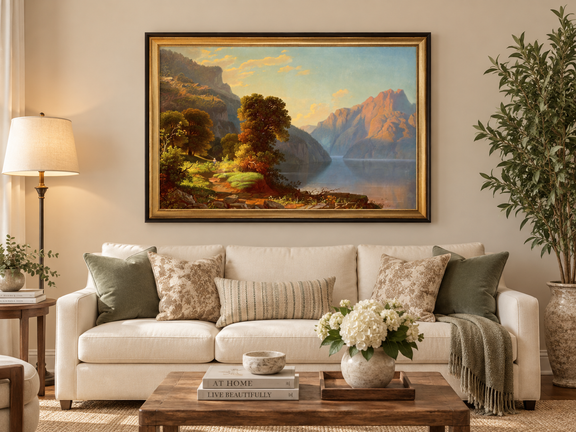 Hand-painted Sunlit Mountain Lake with Forested Shore landscape oil painting displayed as wall art in a styled interior