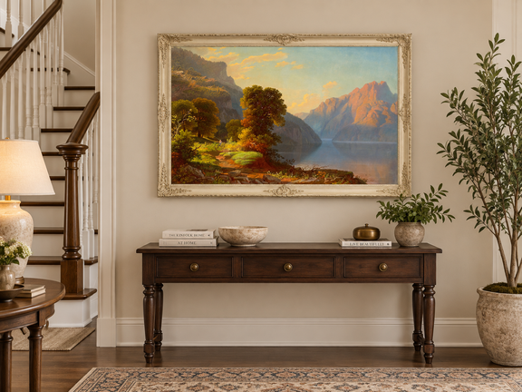 Hand-painted Sunlit Mountain Lake with Forested Shore landscape oil painting displayed as wall art in a styled interior