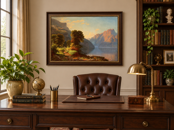 Hand-painted Sunlit Mountain Lake with Forested Shore landscape oil painting displayed as wall art in a styled interior