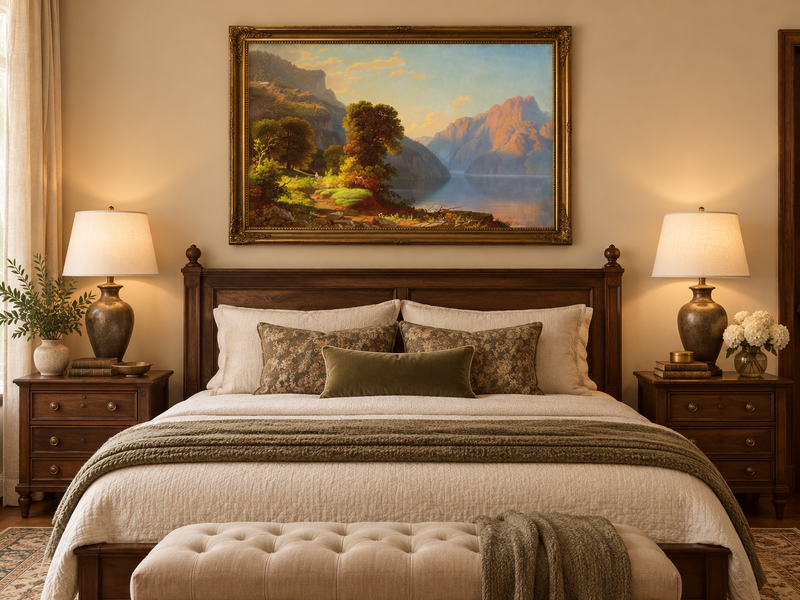 Hand-painted Sunlit Mountain Lake with Forested Shore landscape oil painting displayed as wall art in a styled interior