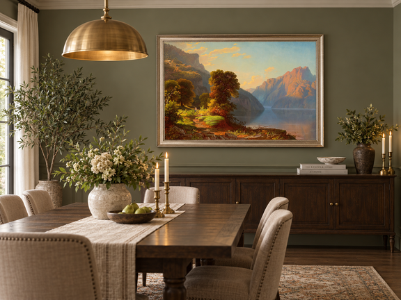 Hand-painted Sunlit Mountain Lake with Forested Shore landscape oil painting displayed as wall art in a styled interior