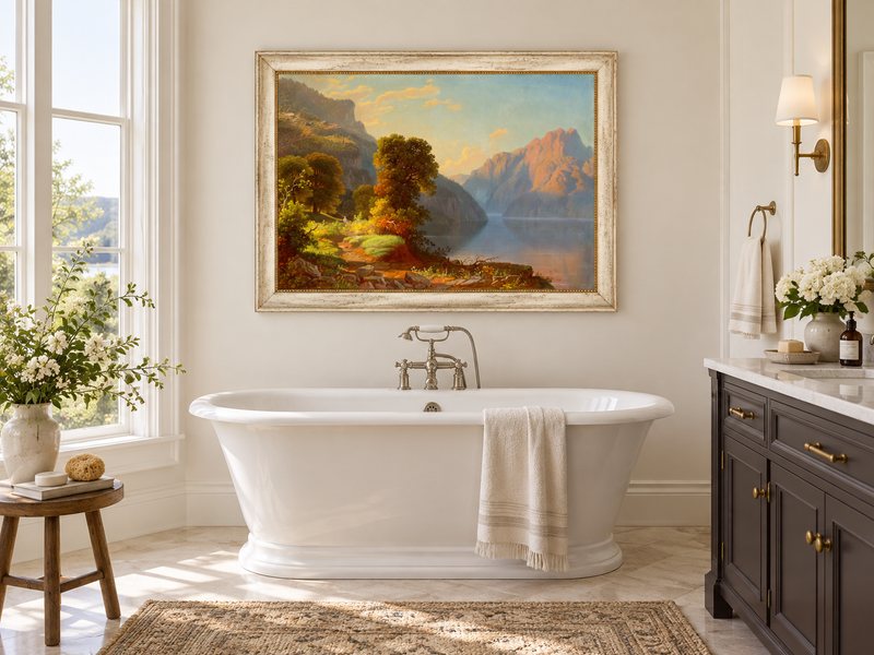 Hand-painted Sunlit Mountain Lake with Forested Shore landscape oil painting displayed as wall art in a styled interior