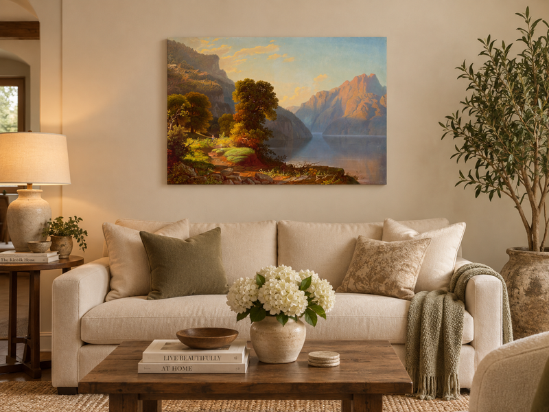 Hand-painted Sunlit Mountain Lake with Forested Shore landscape oil painting displayed as wall art in a styled interior