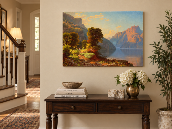 Hand-painted Sunlit Mountain Lake with Forested Shore landscape oil painting displayed as wall art in a styled interior