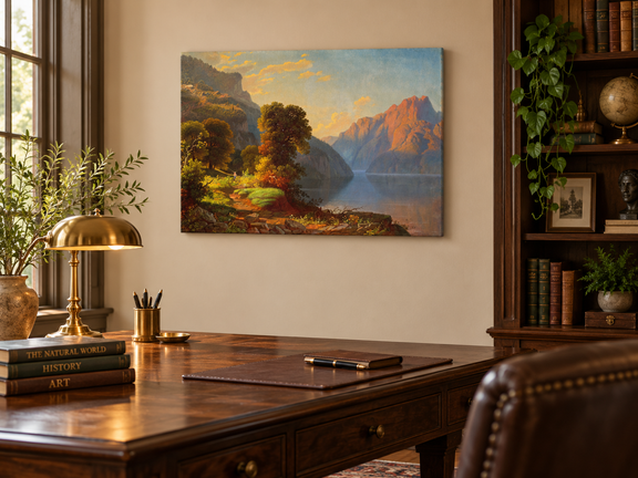 Hand-painted Sunlit Mountain Lake with Forested Shore landscape oil painting displayed as wall art in a styled interior
