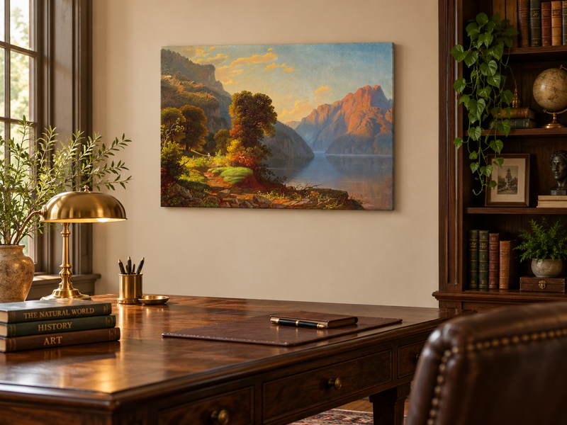 Hand-painted Sunlit Mountain Lake with Forested Shore landscape oil painting displayed as wall art in a styled interior