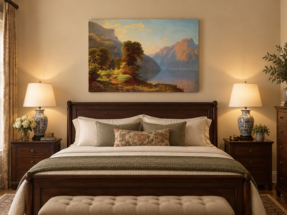 Hand-painted Sunlit Mountain Lake with Forested Shore landscape oil painting displayed as wall art in a styled interior