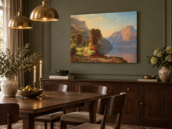 Hand-painted Sunlit Mountain Lake with Forested Shore landscape oil painting displayed as wall art in a styled interior