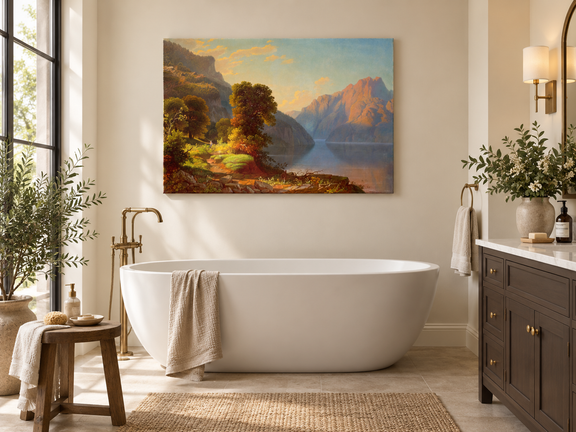 Hand-painted Sunlit Mountain Lake with Forested Shore landscape oil painting displayed as wall art in a styled interior