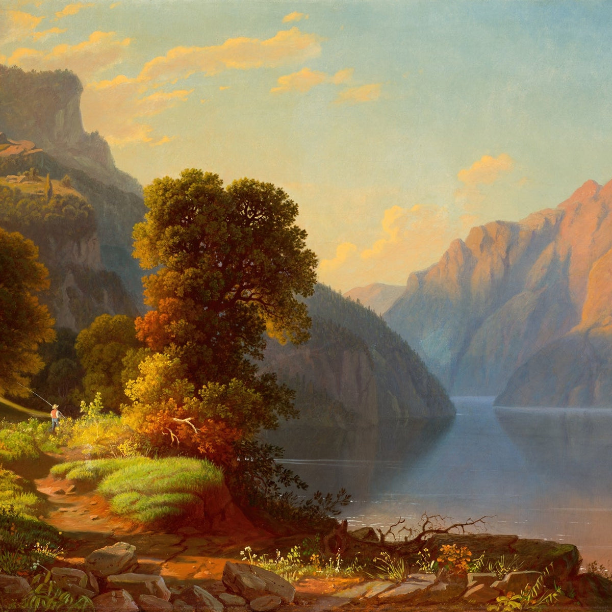 Landscape Oil Painting - Sunlit Mountain Lake with Forested Shore - Oil Painting Haven