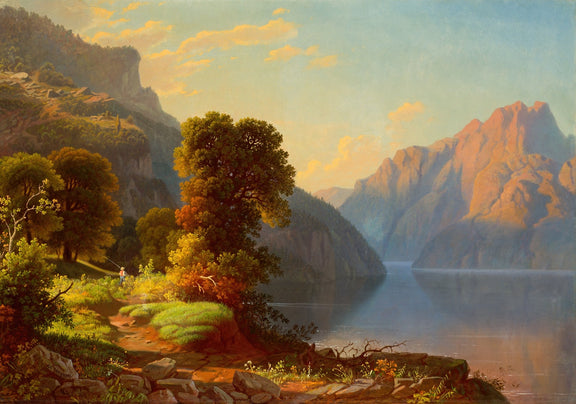 Landscape Oil Painting - Sunlit Mountain Lake with Forested Shore - Oil Painting Haven
