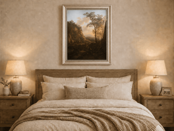 Hand-painted sunlit mountain pass with travelers displayed as decorative wall art.