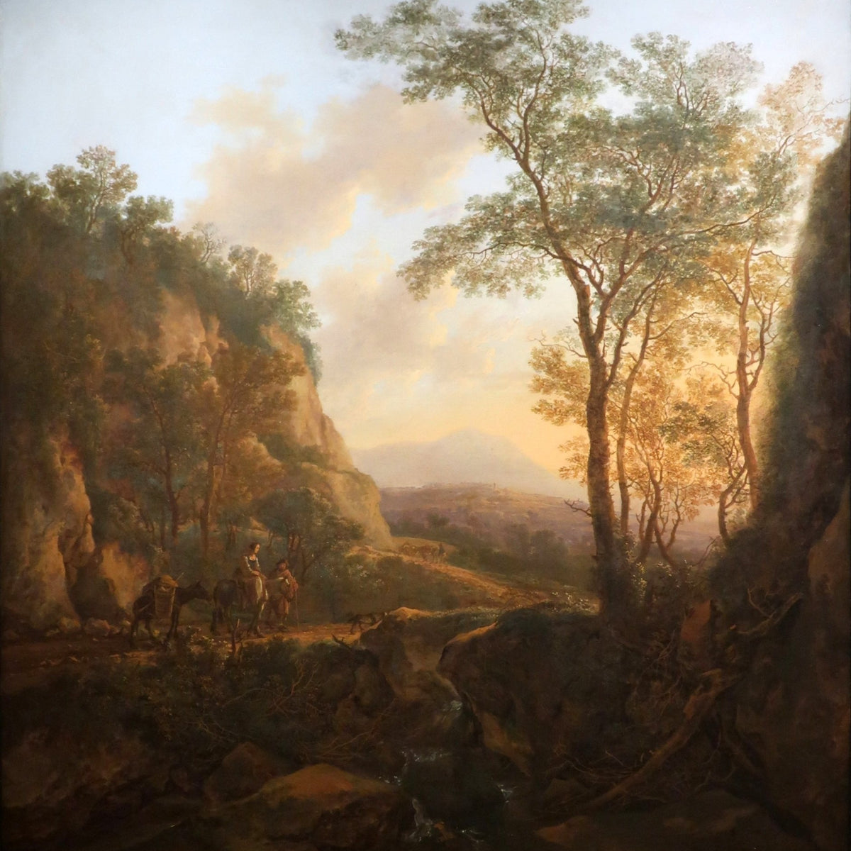 Hand-painted sunlit mountain pass with travelers landscape oil painting on canvas