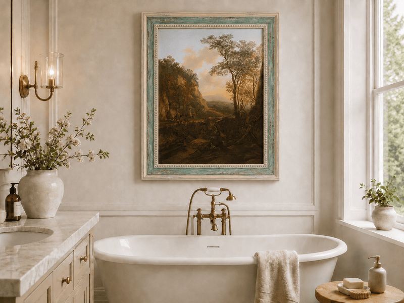 Sunlit mountain pass landscape oil painting presented as interior home decor.