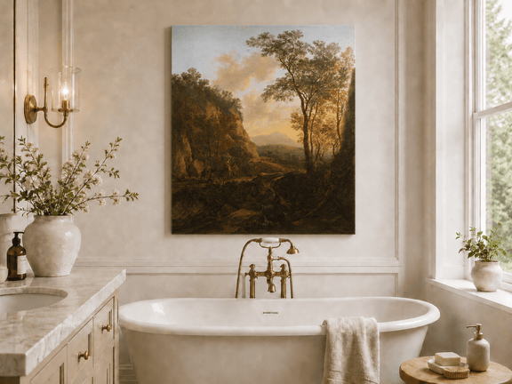 Sunlit mountain pass with travelers landscape oil painting presented as styled home decor.