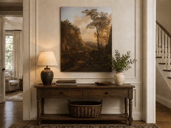 Sunlit mountain landscape painting shown as decorative oil wall art.