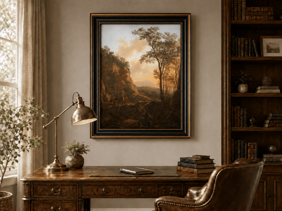 Mountain pass with travelers in sunlight landscape oil painting presented in an interior wall art mockup.