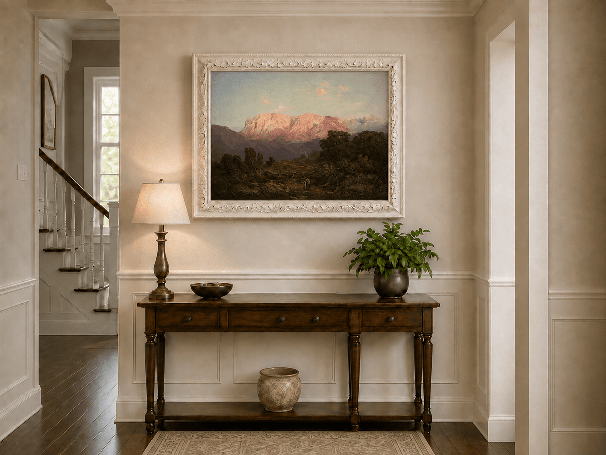 Pintura al óleo de paisaje: Cumbres de montaña iluminadas por el sol sobre un valle tranquilo