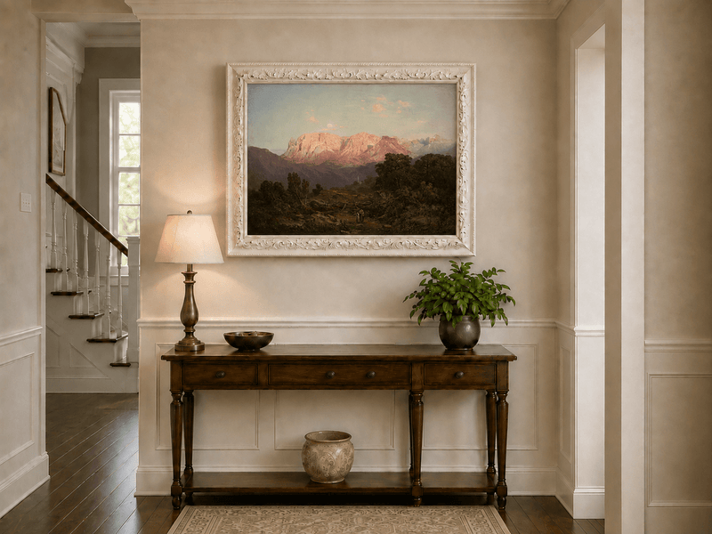 Pintura al óleo de paisaje: Cumbres de montaña iluminadas por el sol sobre un valle tranquilo