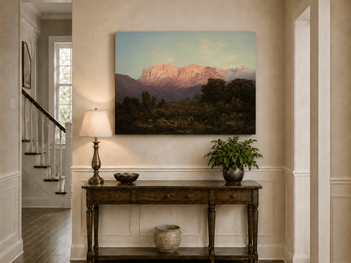 Pintura al óleo de paisaje: Cumbres de montaña iluminadas por el sol sobre un valle tranquilo