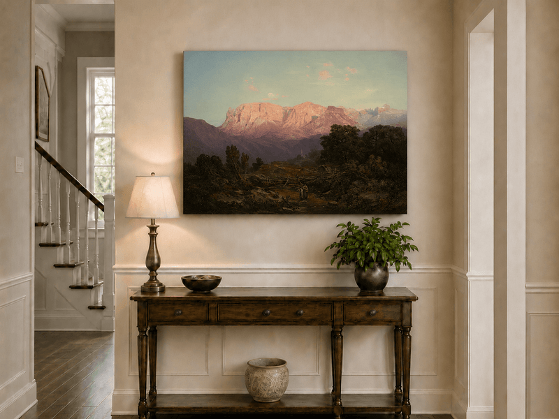 Pintura al óleo de paisaje: Cumbres de montaña iluminadas por el sol sobre un valle tranquilo